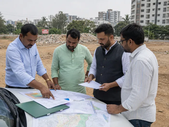 Partners reviewing land papers on-site